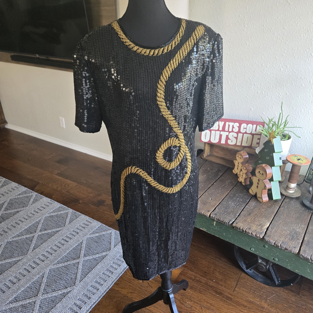 Vintage 1980's Petra Fashions Black and Gold Sequin Midi Dress